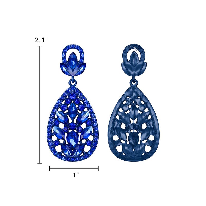 EleQueen Women's Wedding Bridal Austrian Crystal Bohemia Teardrop Chandelier Dangle Earrings Royal Blue Color Blue-Tone - Image 3
